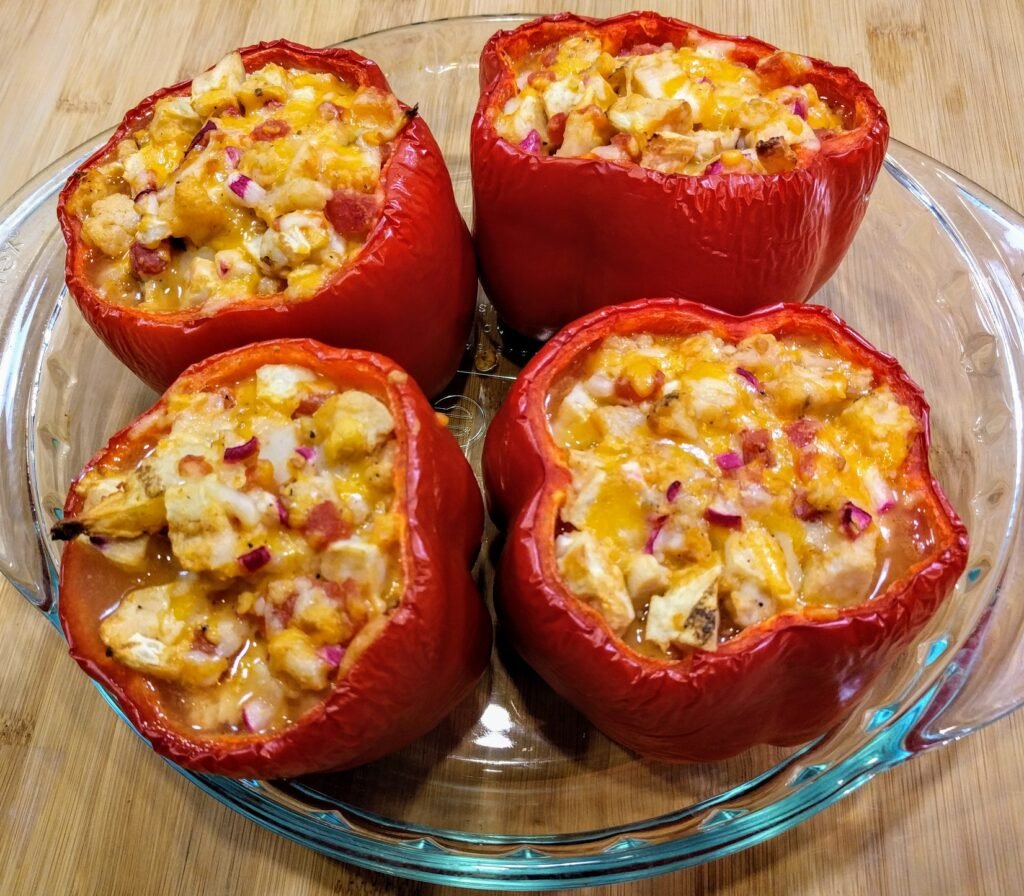 Chicken Stuffed Red Peppers with Cheese, Green Chilies, Habaneros, Radishes and Cauliflower Recipe