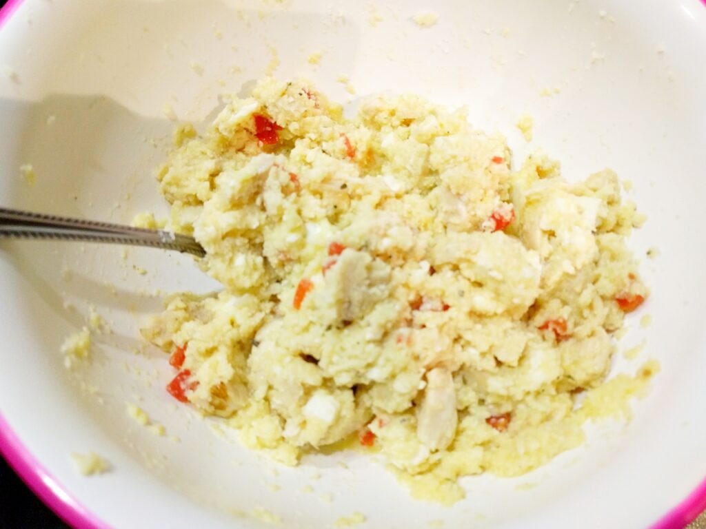 Cheesy Chicken Tomato White Cauliflower Casserole Recipe mixed ingredients