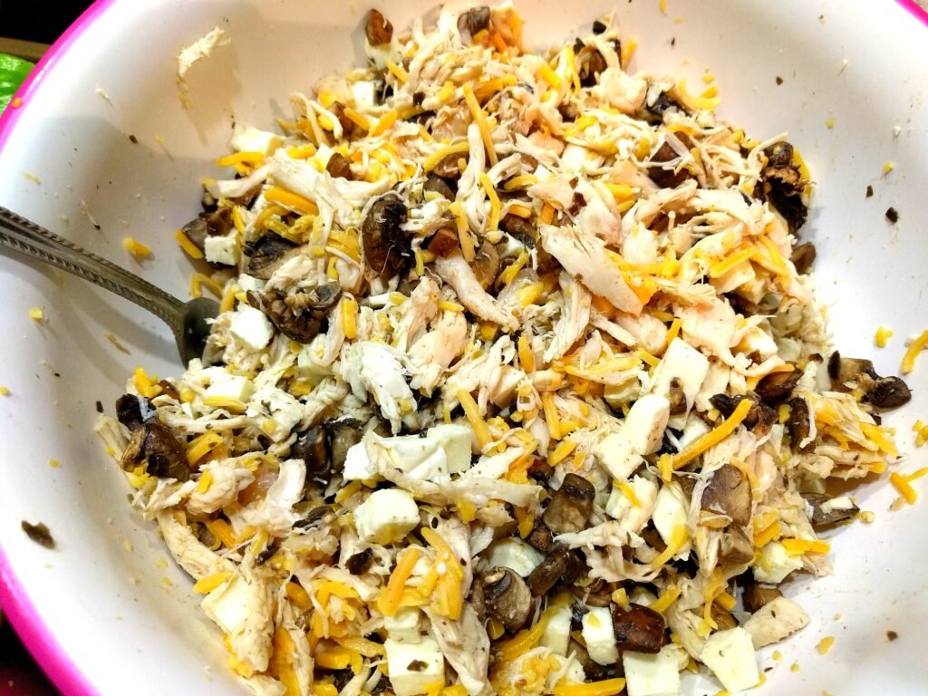 Oven Baked Pulled BBQ Chicken and Cheese Poblano Pepper Recipe mixing ingredients